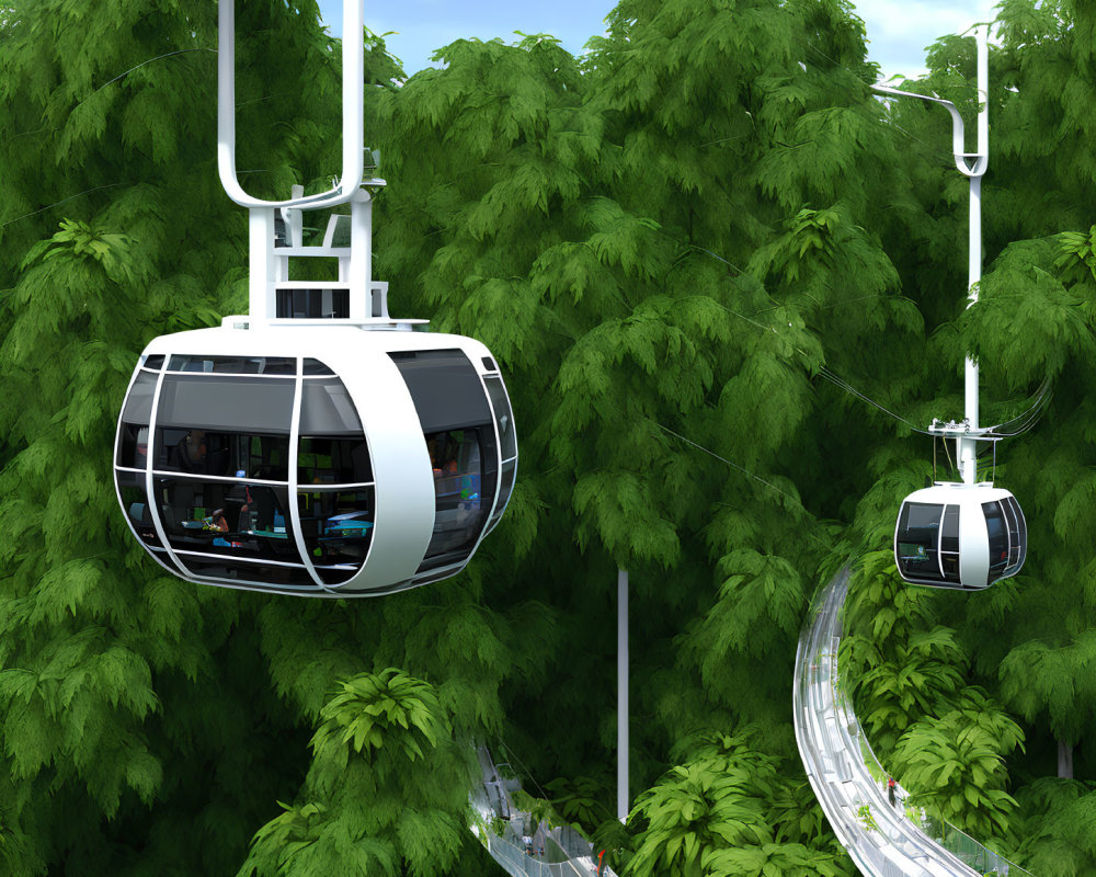 Modern white gondolas over lush green forest canopy and winding road.