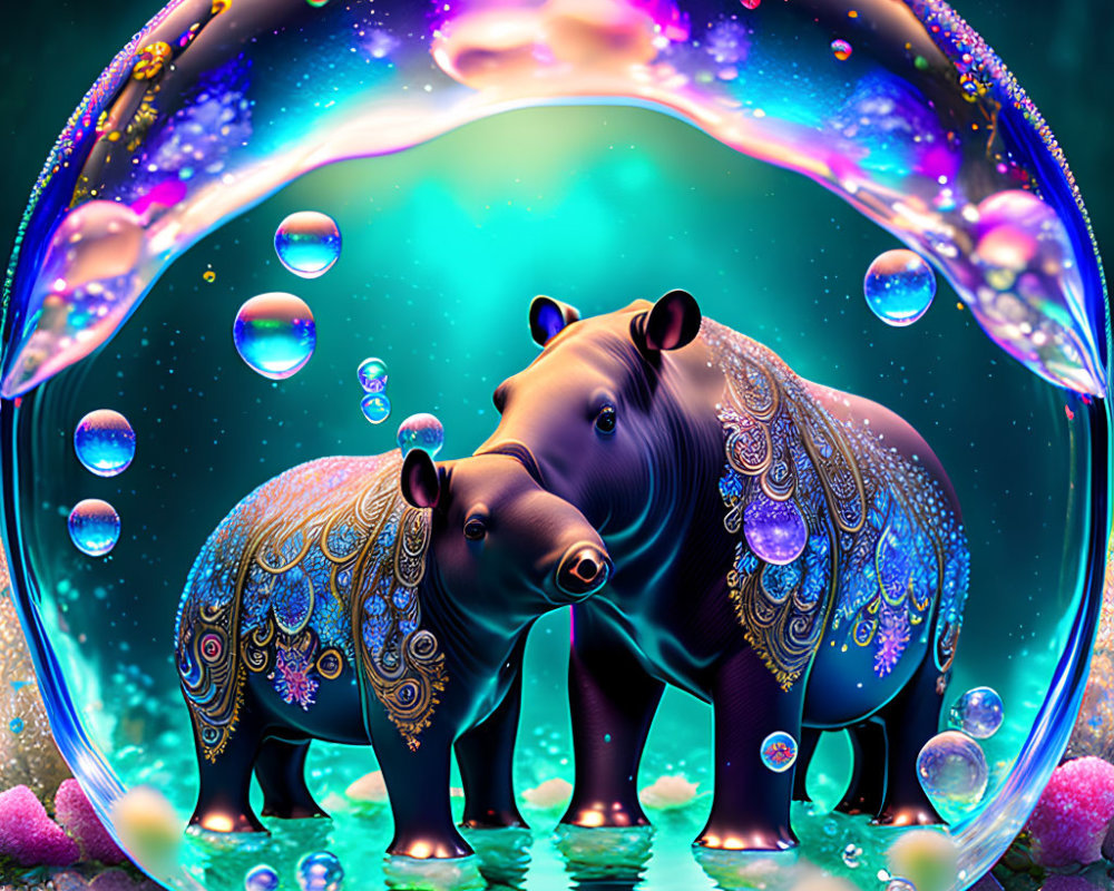 Ornate, patterned hippos in vibrant fantasy landscape