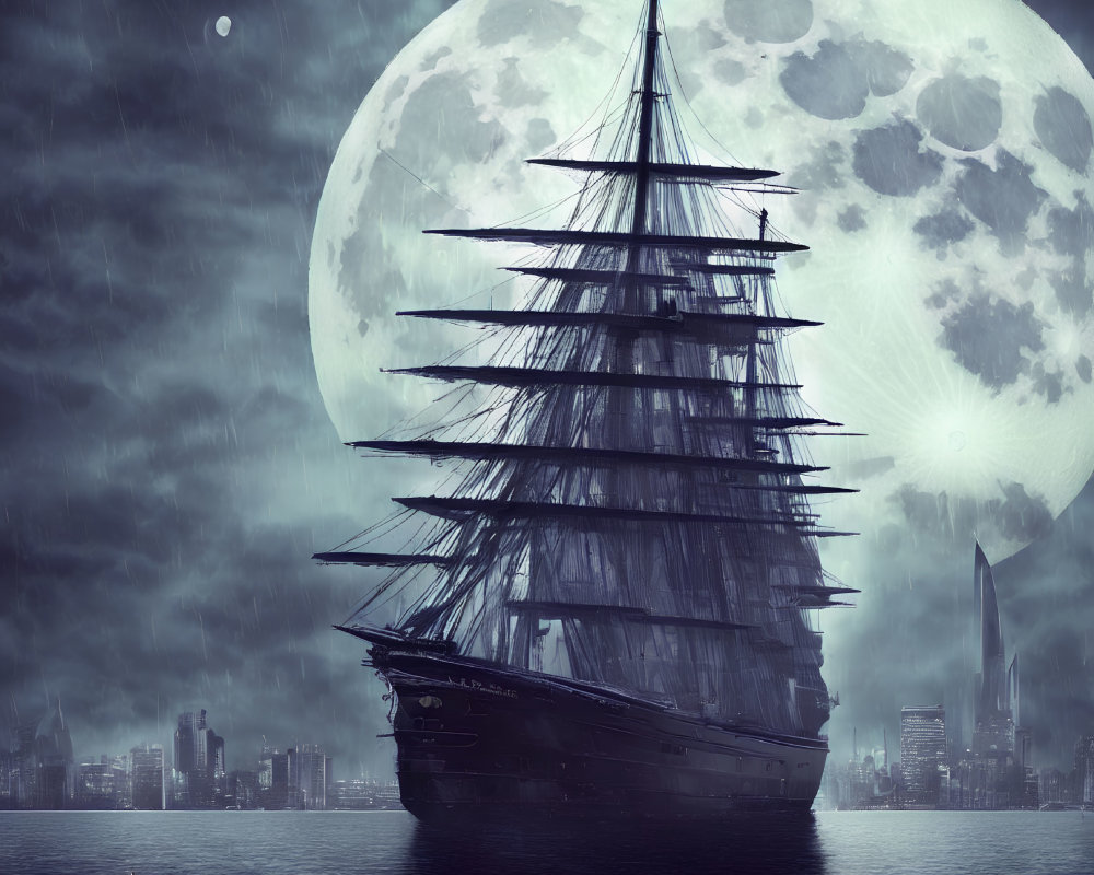 Vintage sailing ship on moonlit sea with modern city skyline and detailed moon in dramatic night sky.