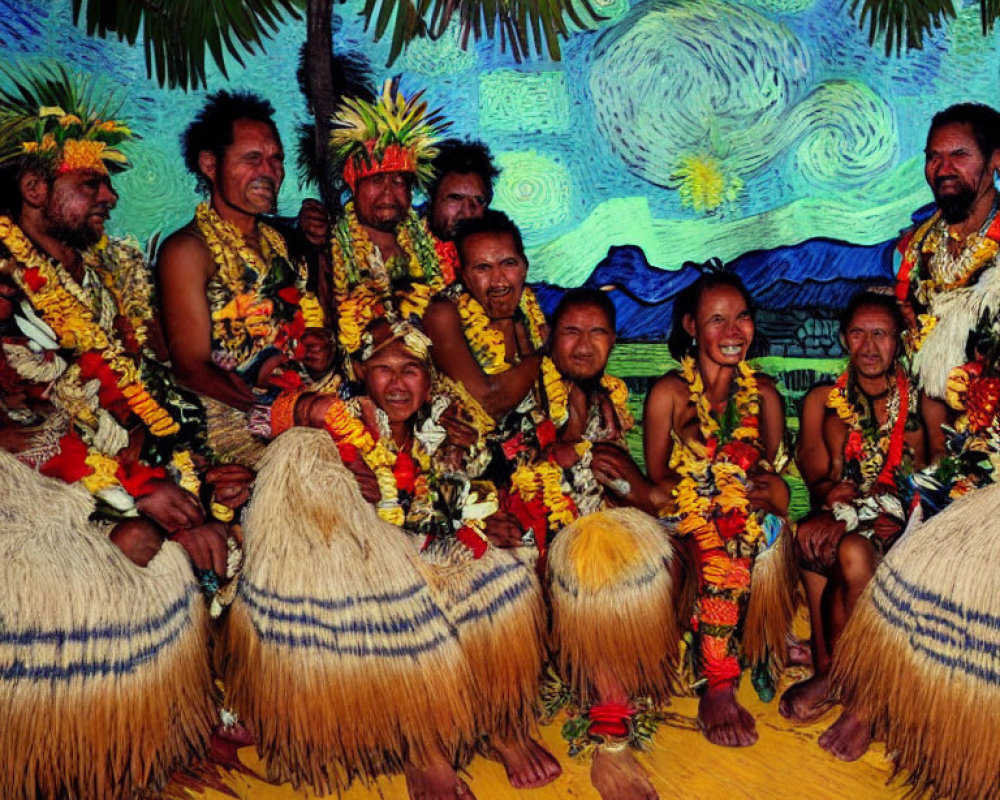 Group in traditional attire with floral garlands against vibrant backdrop.