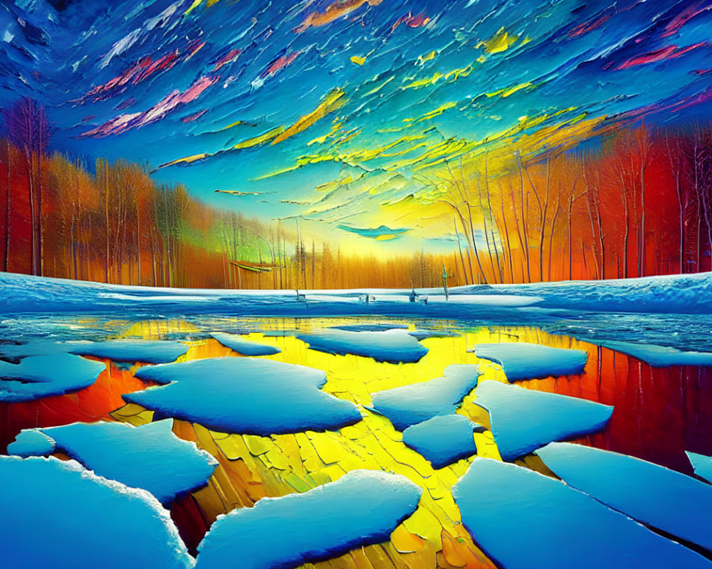 Scenic Landscape: Blue and Golden Hues, Snowy Banks, Reflective River, Bare Trees