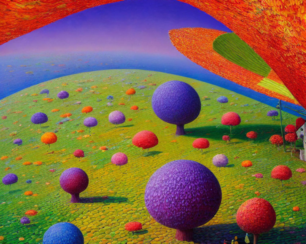 Colorful Sphere-Shaped Trees in Surreal Landscape