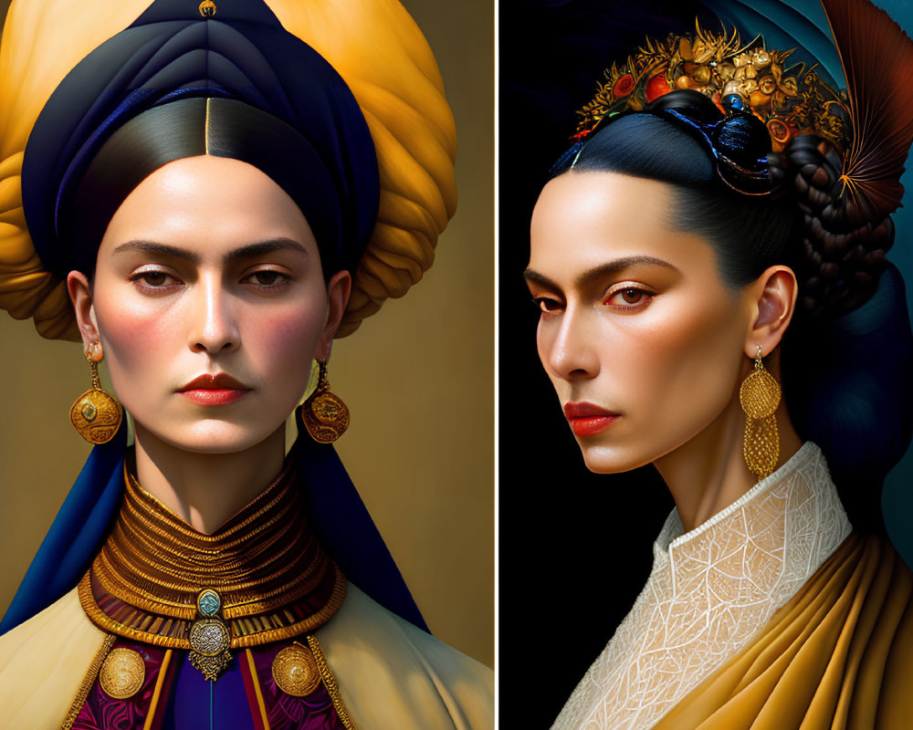 Symmetrical modern portraits of a woman in traditional turban and ornate jewelry