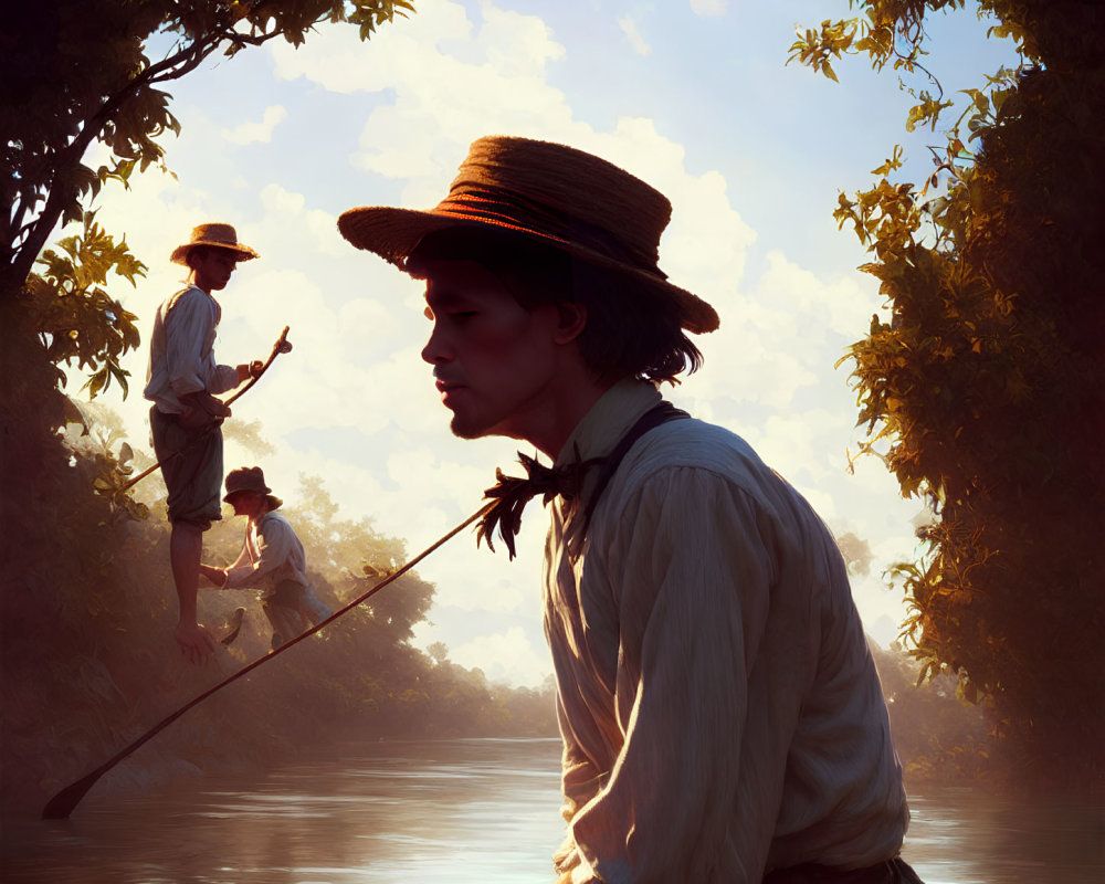 Vintage scene: Three people in old-fashioned clothes boating through lush river landscape.