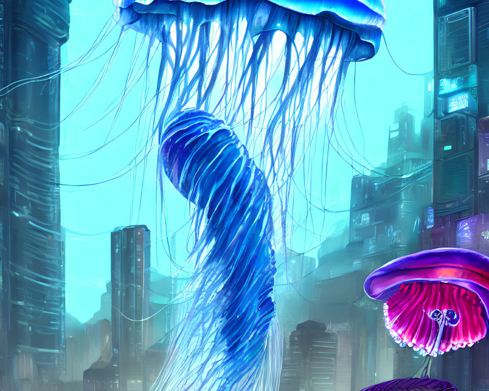 Digital Art: Giant Jellyfish in Futuristic Cityscape