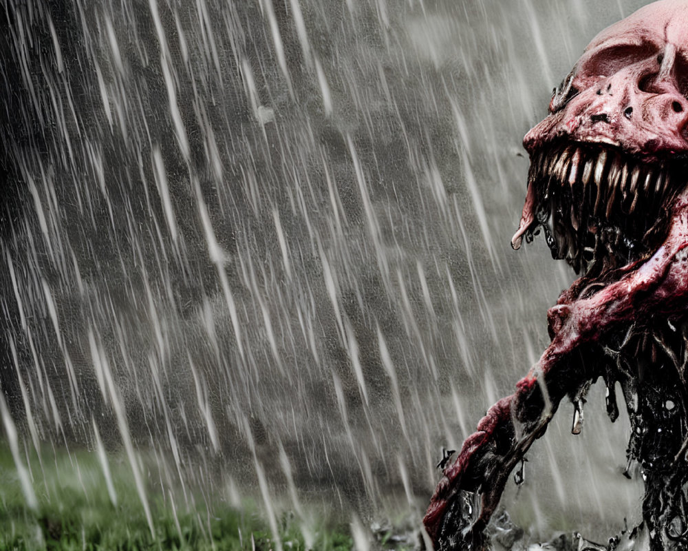 Sinister skull-faced creature in rain with sharp teeth.