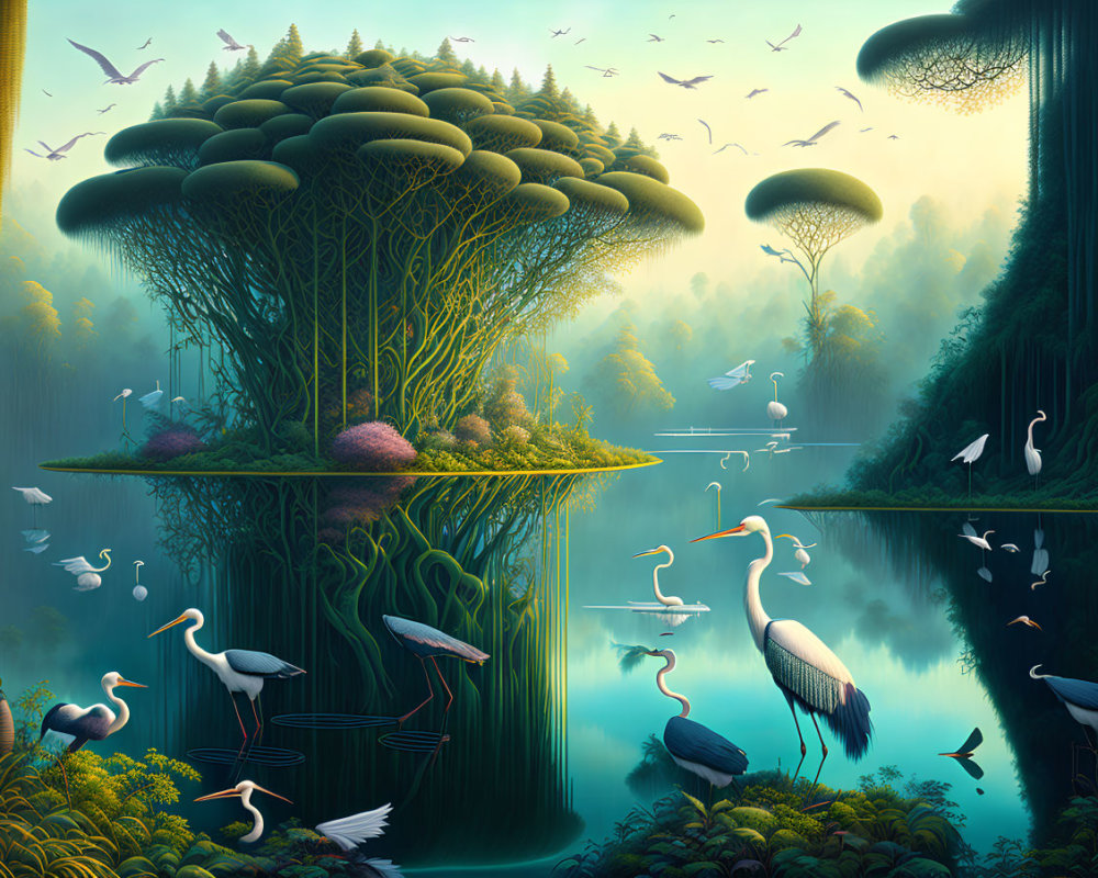 Tranquil landscape with mushroom-shaped tree island, birds in flight, and egrets near lake