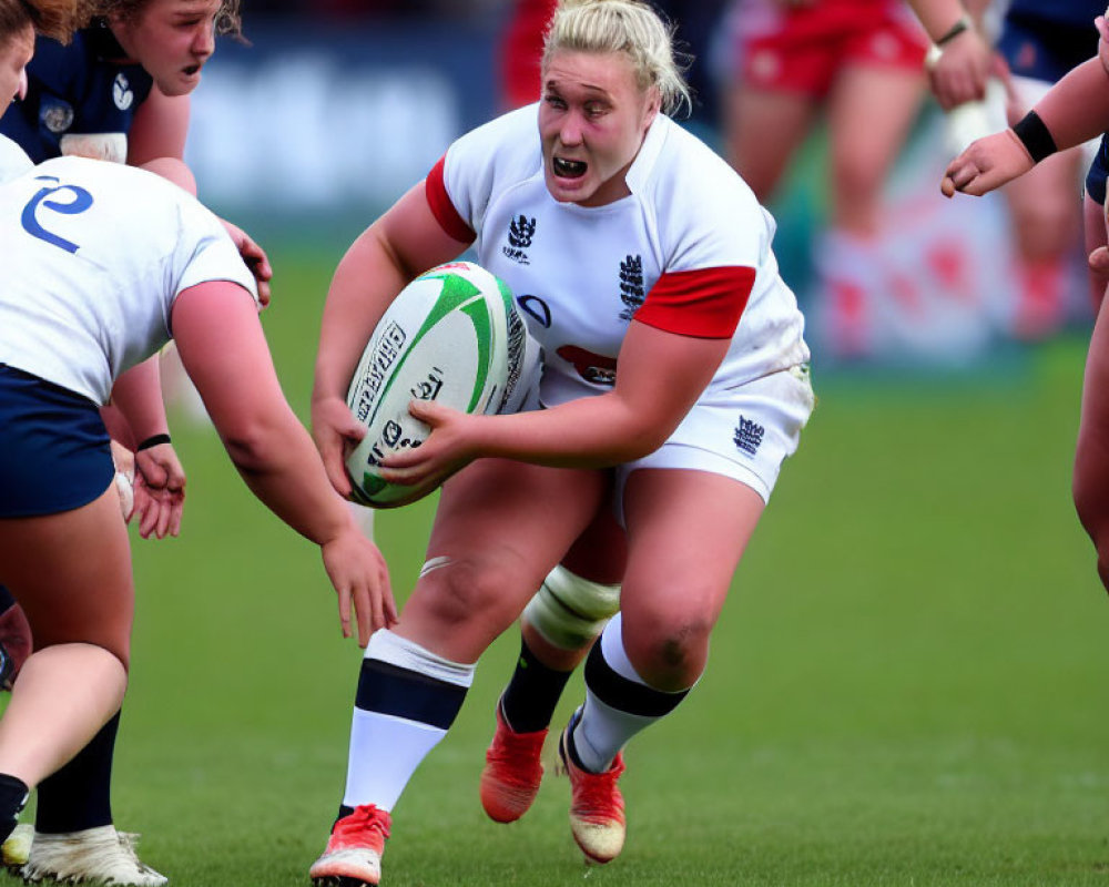 Female rugby player in white and red uniform running with ball in match