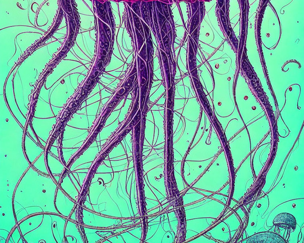 Vibrant Pink Jellyfish with Purple Tentacles in Teal Ocean Scene