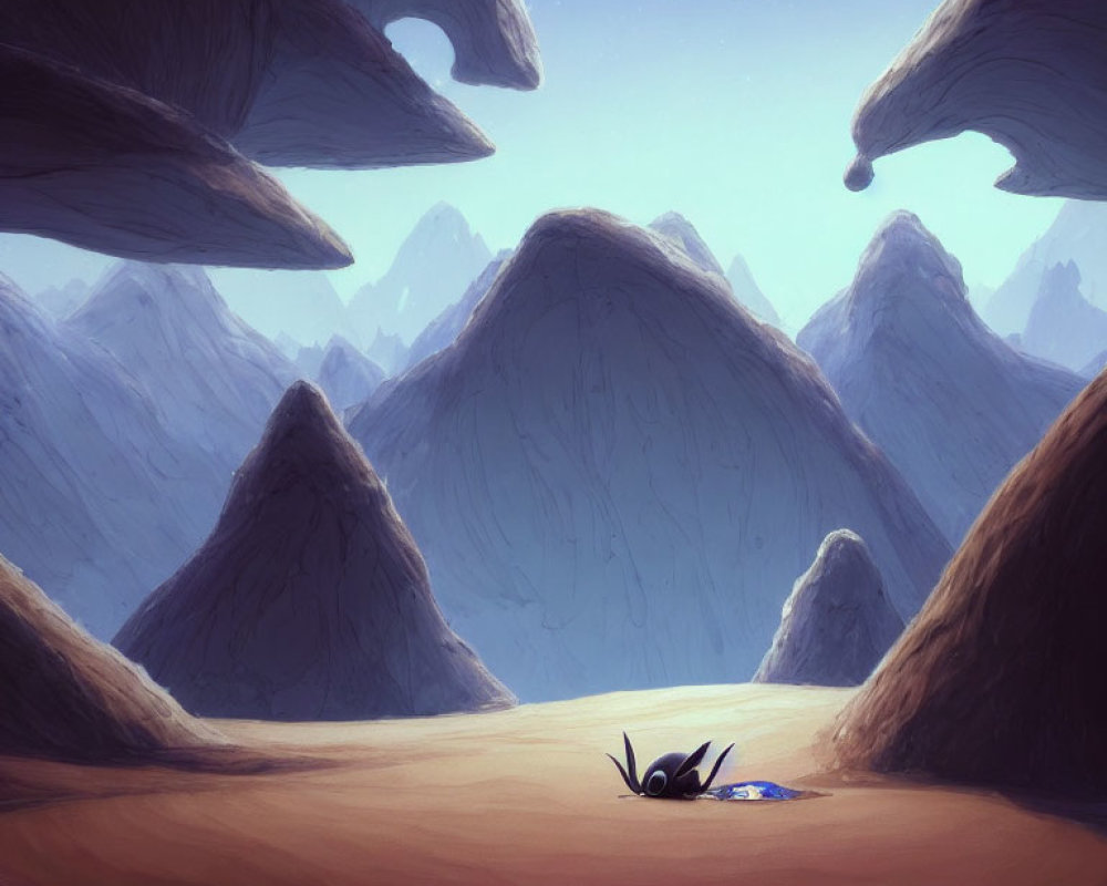 Person lying in desert among rock formations under blue sky with floating islands.