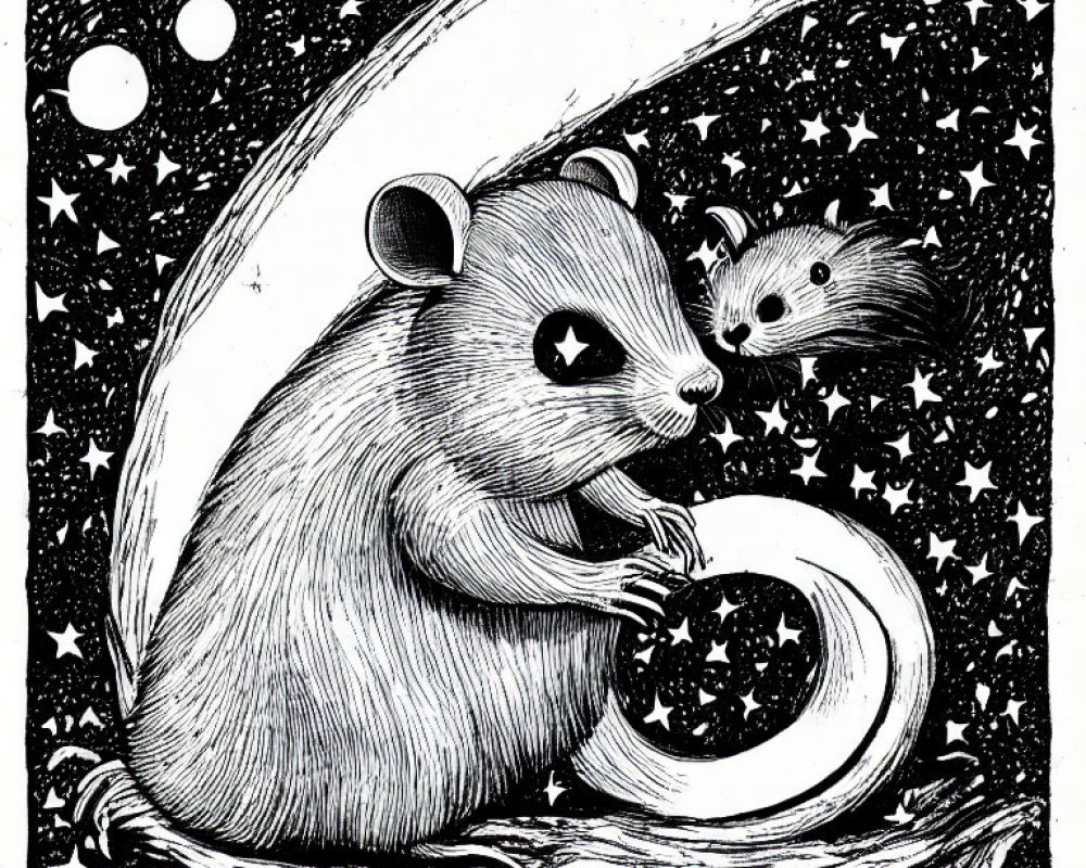 Stylized mice on celestial background with crescent moon and stars