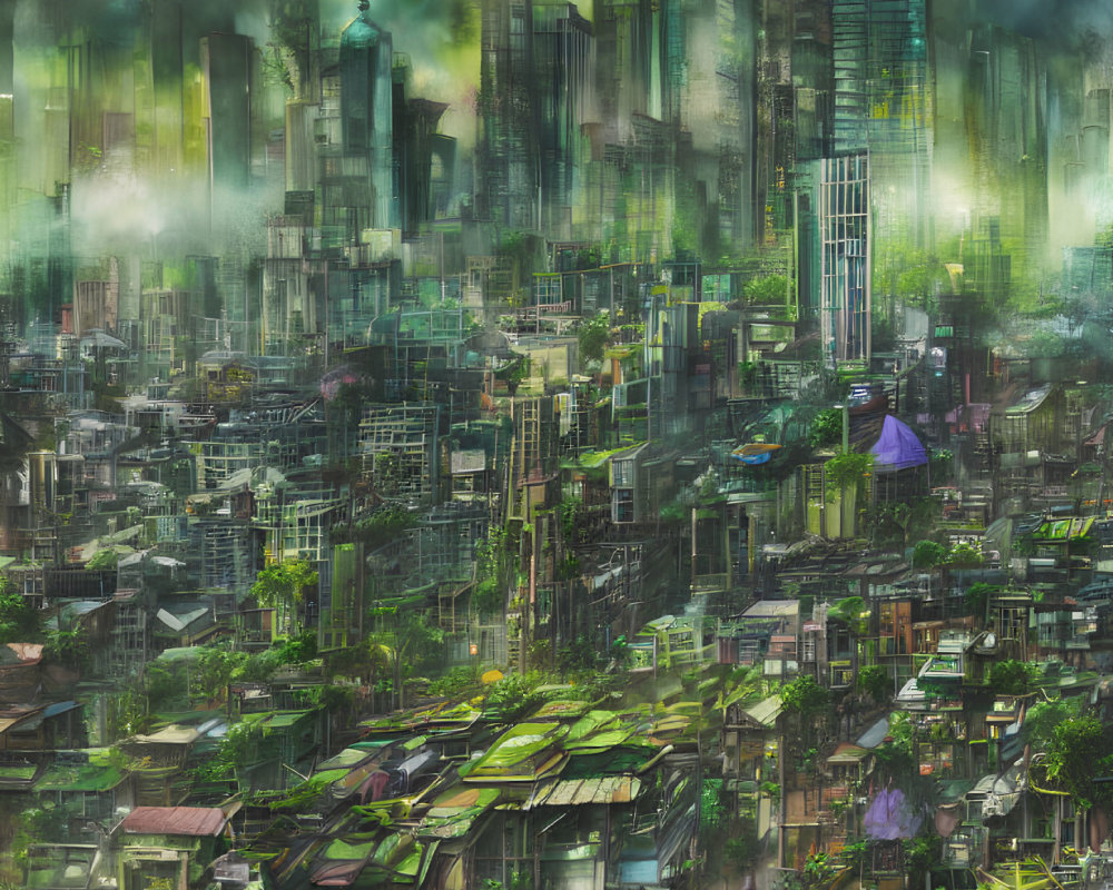 Futuristic cityscape with dilapidated slums and high-tech skyscrapers in a h