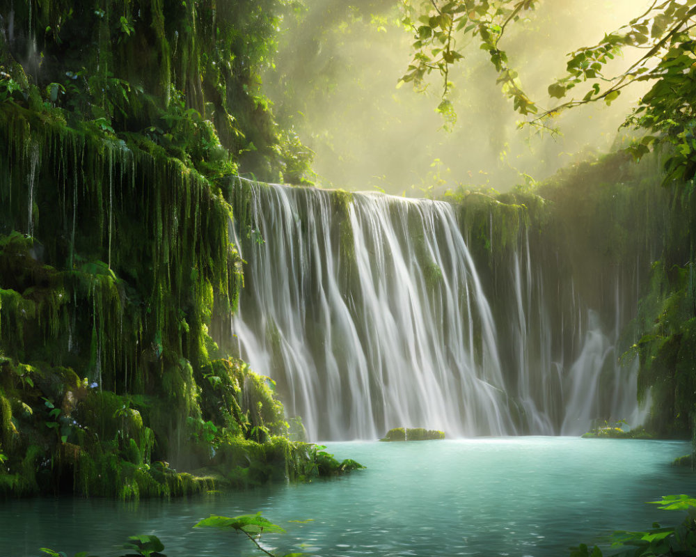 Tranquil waterfall in lush green surroundings