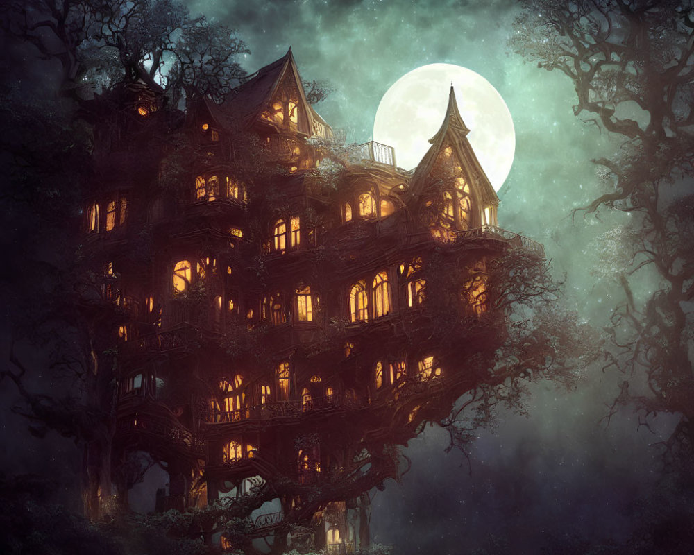 Enchanting multi-storied treehouse under full moon sky