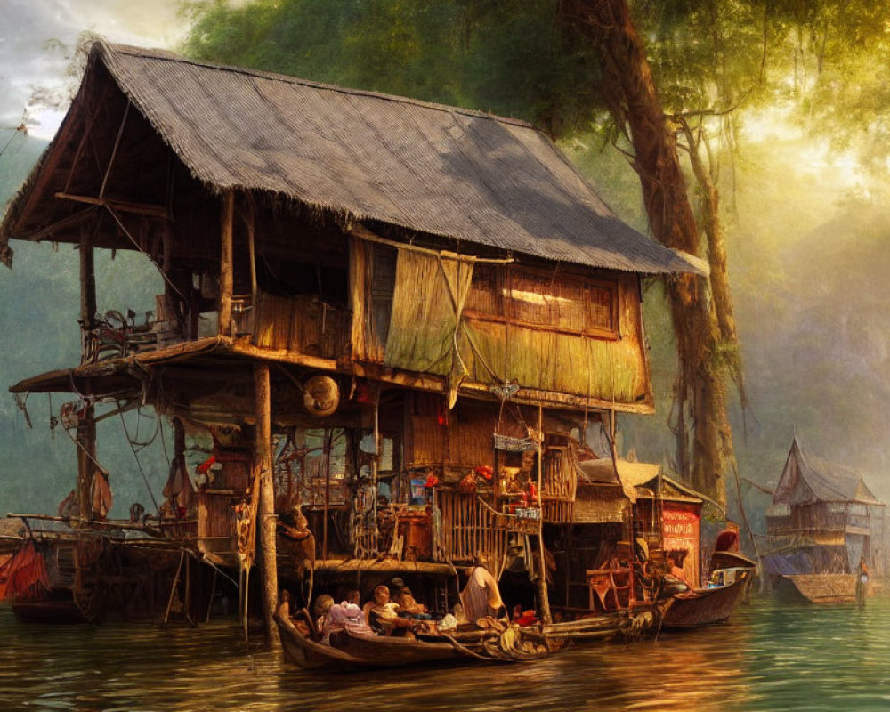 Rustic stilt house by river at sunset with family in boat