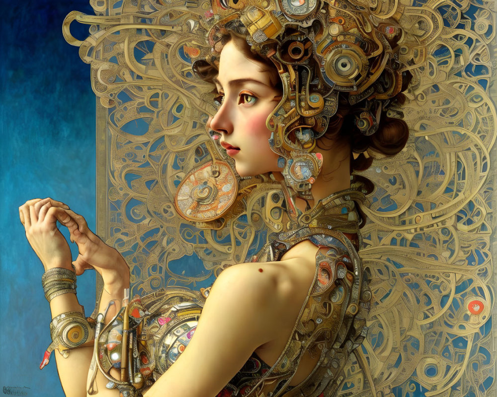 Steampunk-style woman with mechanical headdress and jewelry on blue background