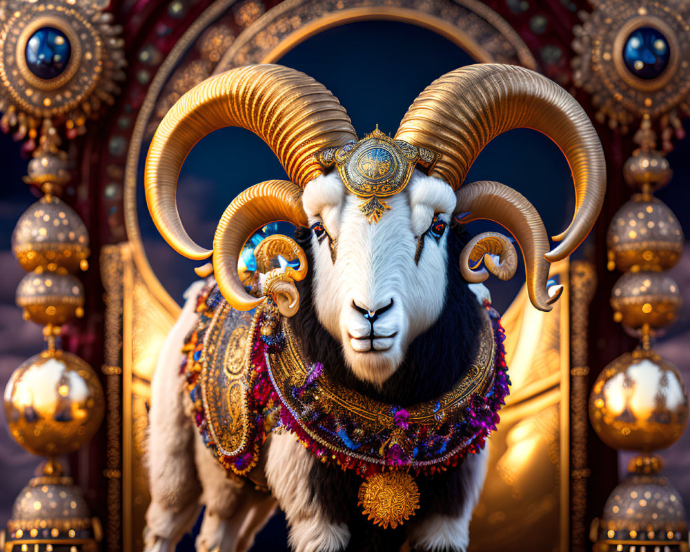 Majestic ram with golden horns and luxurious decorations on archway backdrop