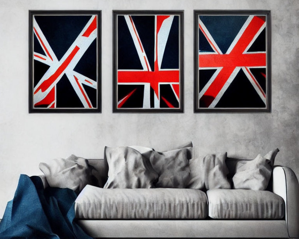 Contemporary Living Room with Gray Sofa, Blue Throw, and Union Jack Flag Artworks