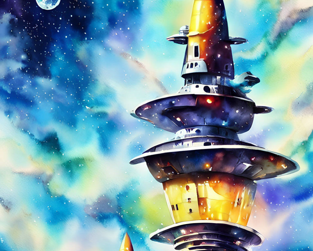 Vibrant illustration of a space tower in starry sky