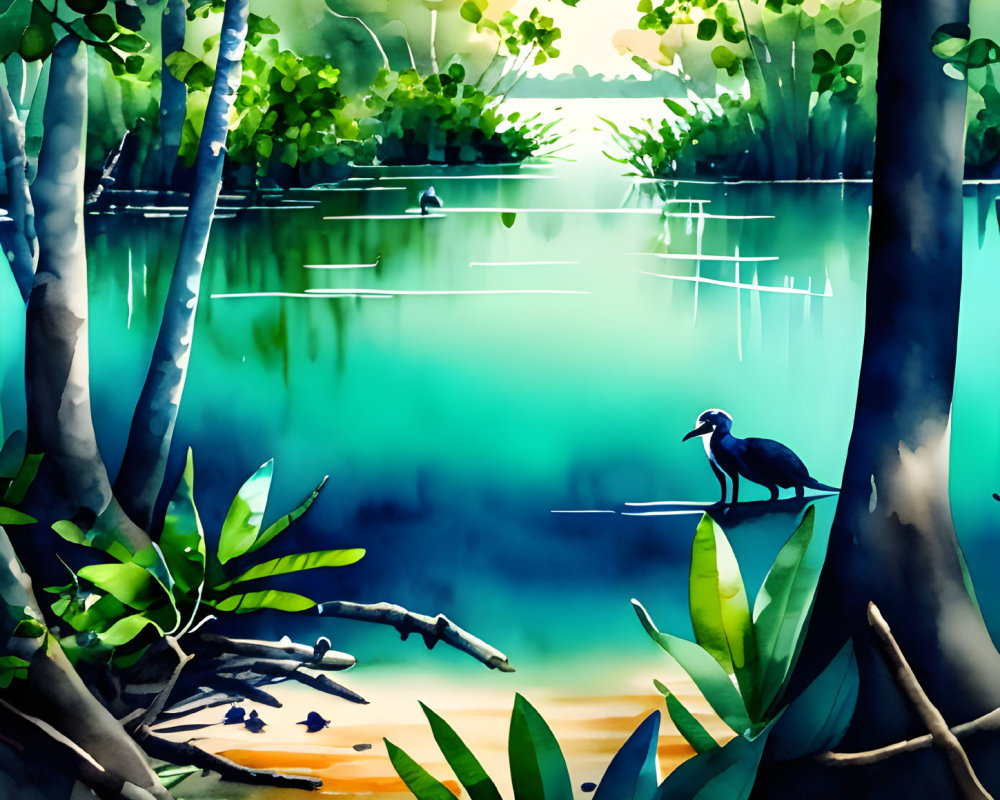 Tranquil forest waterbody with monkey and lush foliage