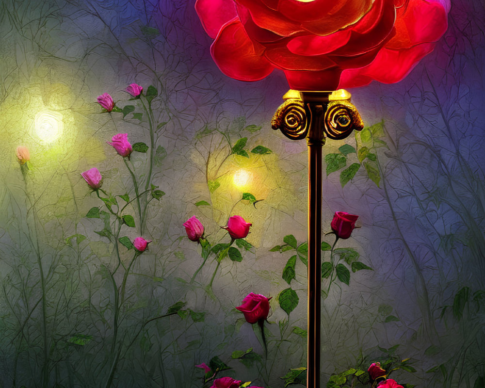 Glowing oversized rose on street lamp surrounded by smaller roses against moody blue backdrop