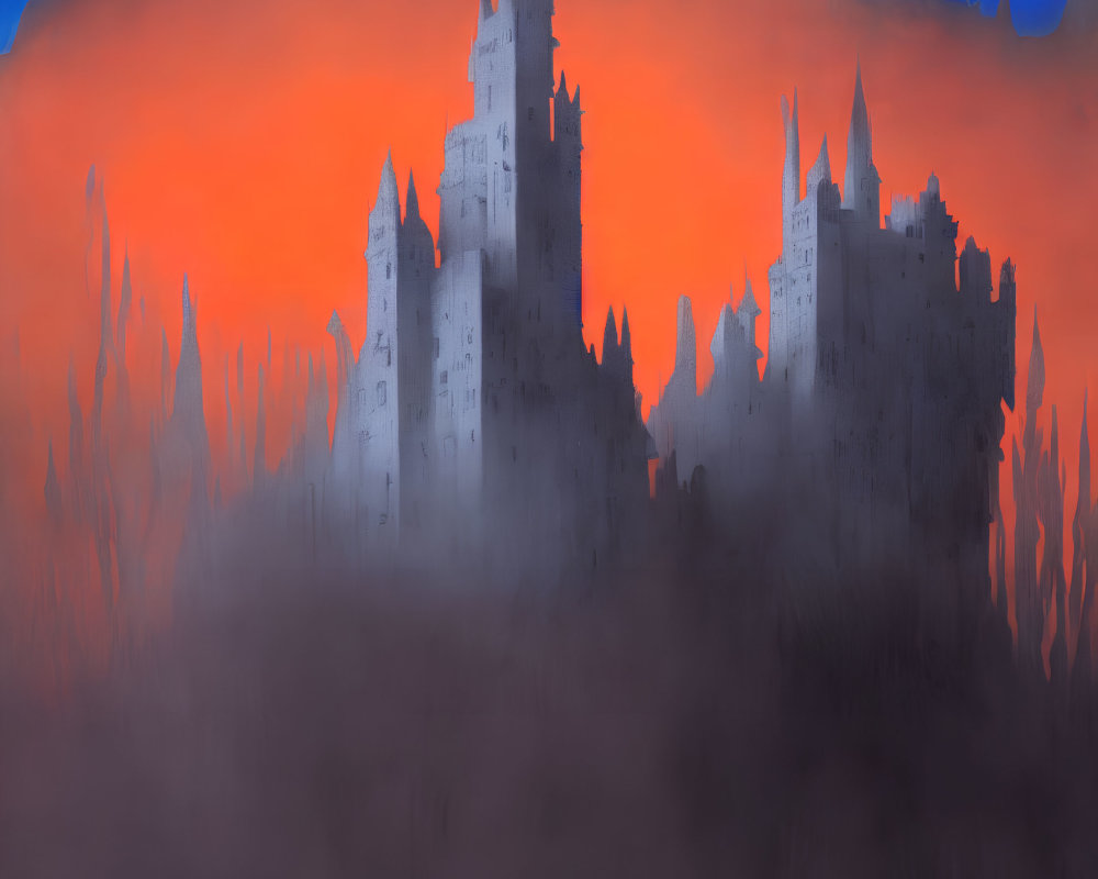 Silhouetted castles in misty landscape with vivid sky