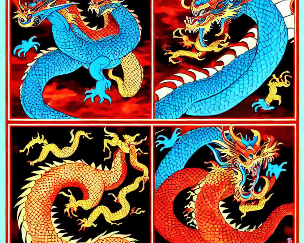 Vibrant Asian-style dragon artwork in four panels