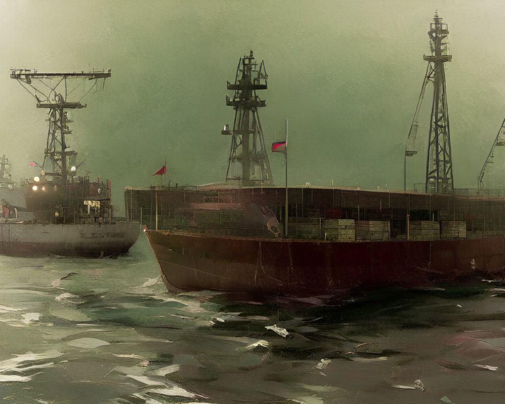 Two large ships with tall masts on turbulent waters under a hazy green sky