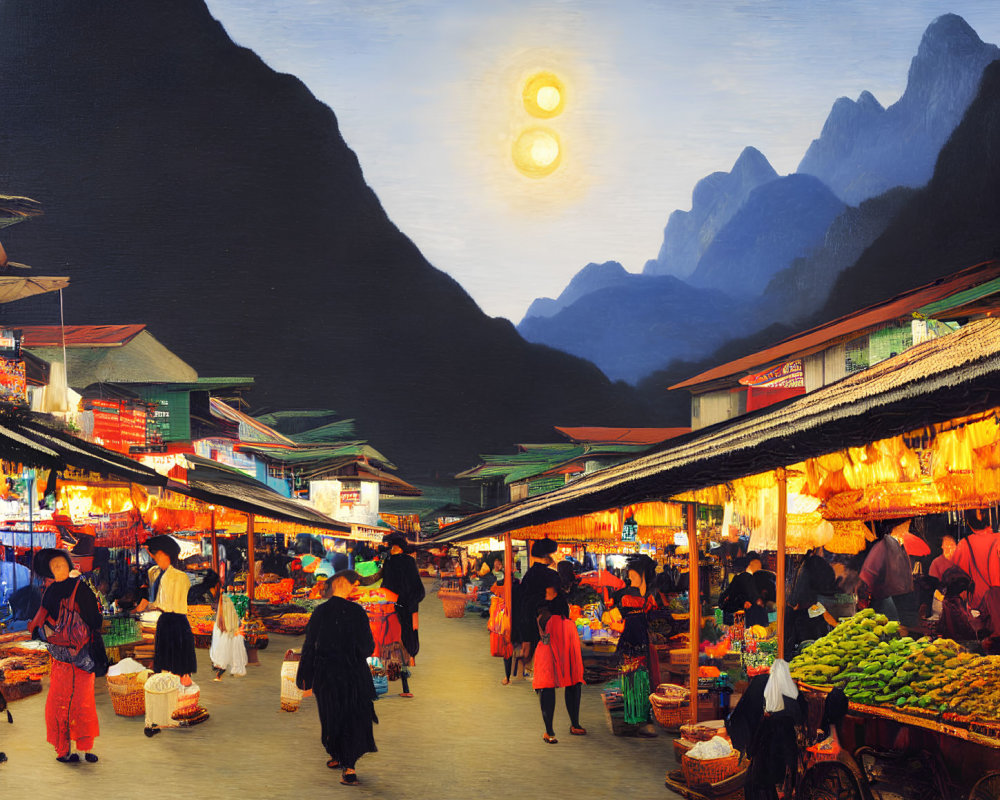 Traditional market at dusk with vibrant stalls, shoppers, and mountain backdrop