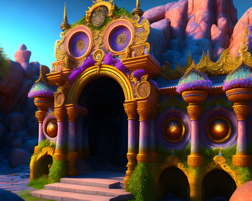 Fantasy archway with golden details on blue rocks and ethereal lights