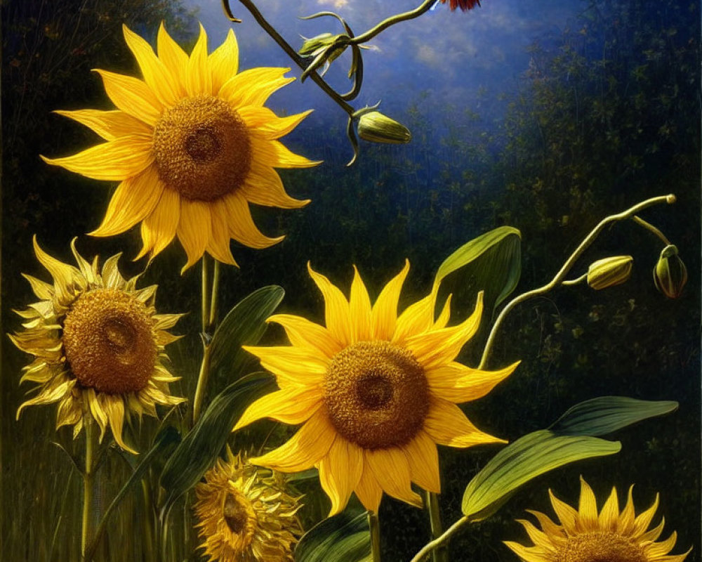 Detailed painting of multiple sunflowers against dark, moody background