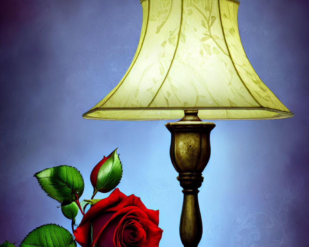 Floral-patterned lamp with red rose on blue background