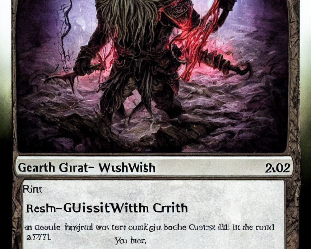 Dark fantasy collectible card features menacing creature with glowing red eyes and sword