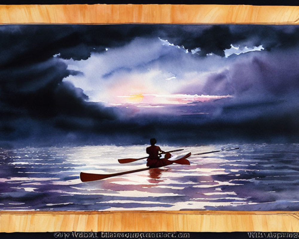 Tranquil watercolor painting of lone kayaker at sunset