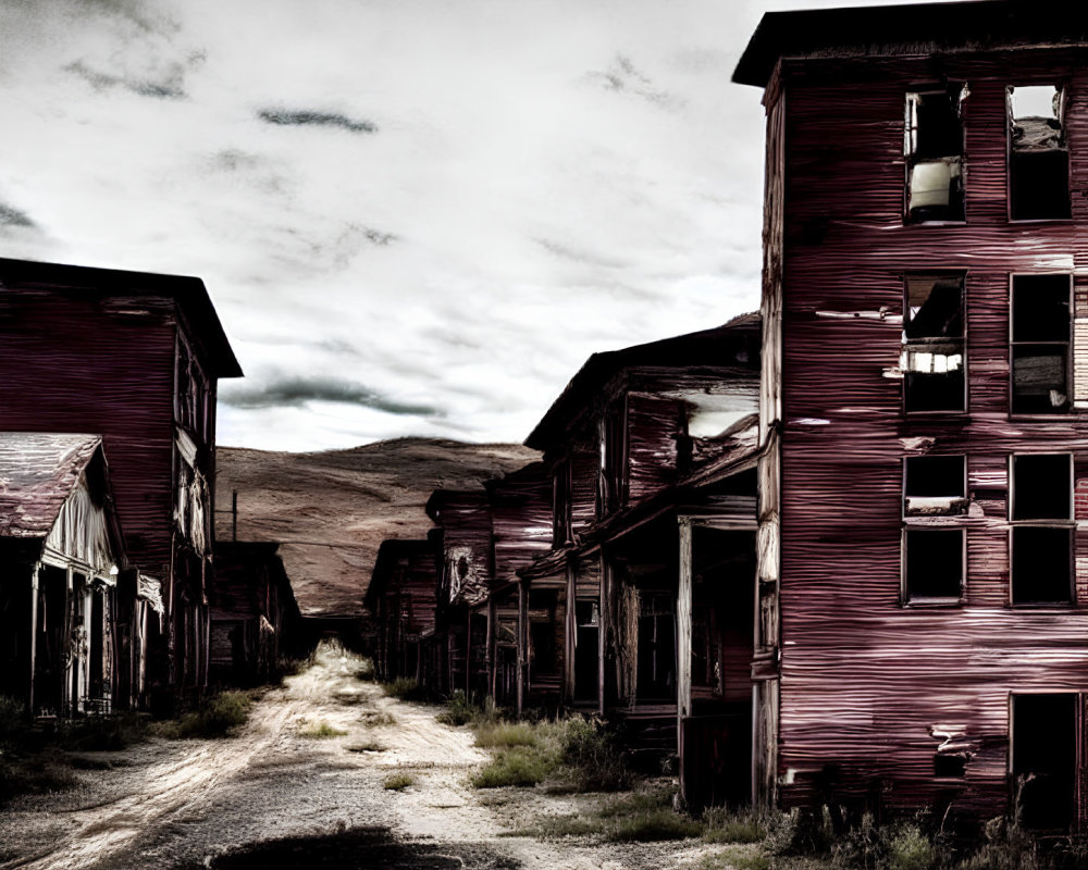 Desolate town with abandoned buildings and broken windows under cloudy sky