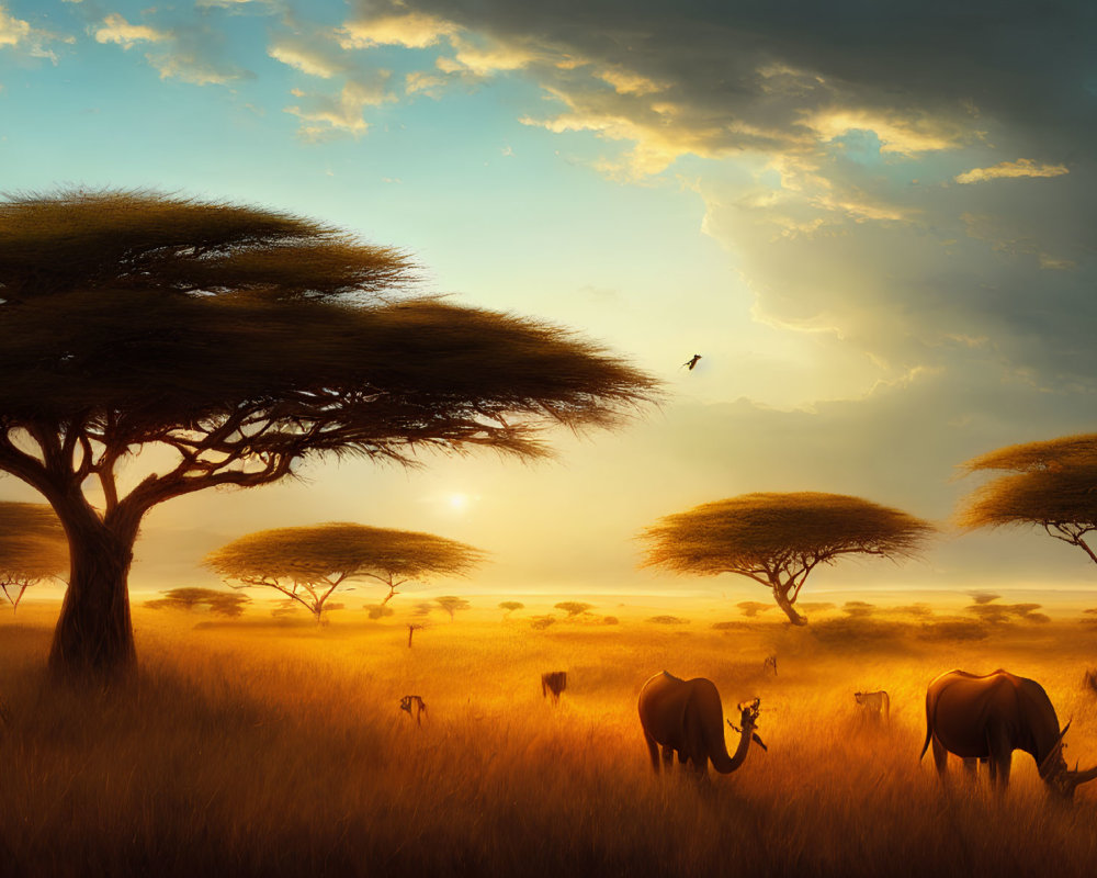 African Savanna Sunset with Acacia Trees, Elephants, and Flying Bird