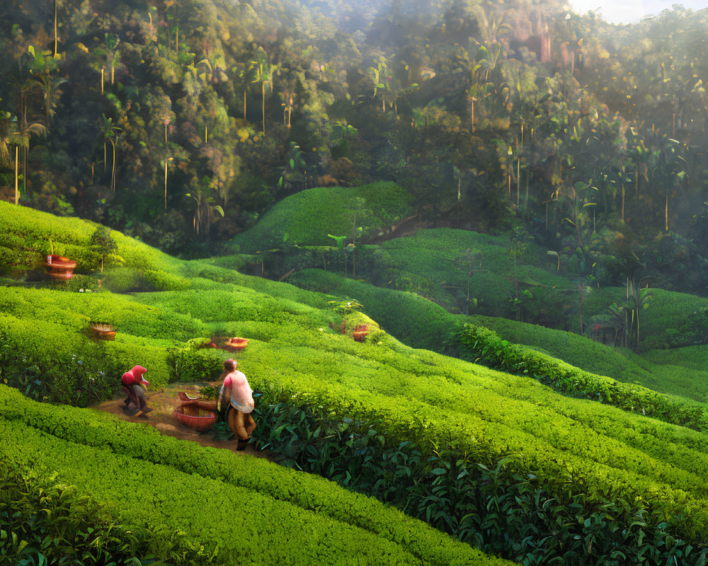 Green Tea Plantation Workers in Sunlit Setting