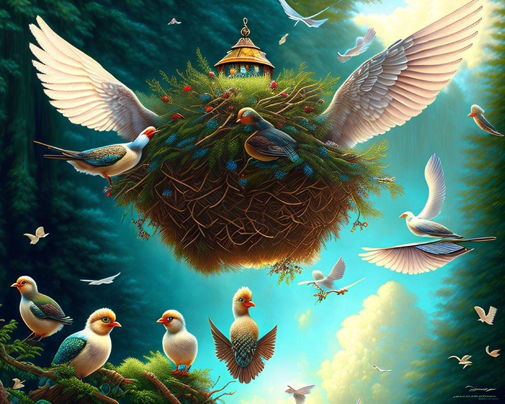 Illustration of floating bird's nest with temple, birds in emerald forest