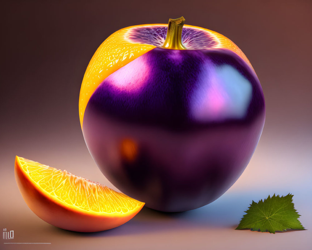 Hyperrealistic Image: Eggplant Body with Orange Top and Slice, Green Leaf