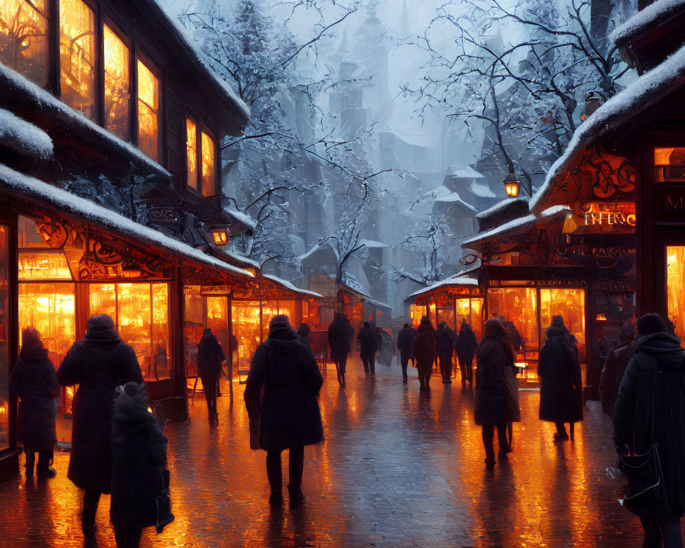 Winter Street Scene with Pedestrians and Snow-Covered Trees