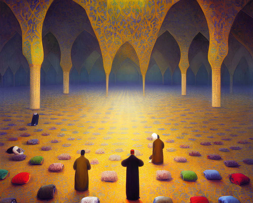 Colorful Mosque Interior with People Praying