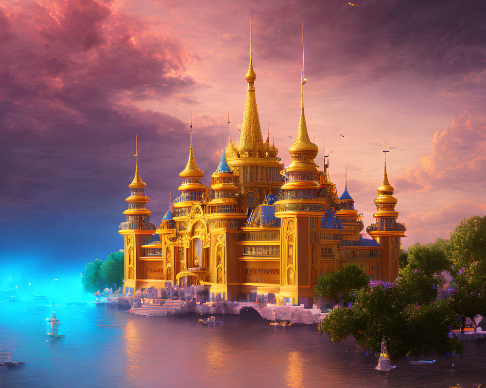 Opulent golden palace with spires reflected in water at dusk