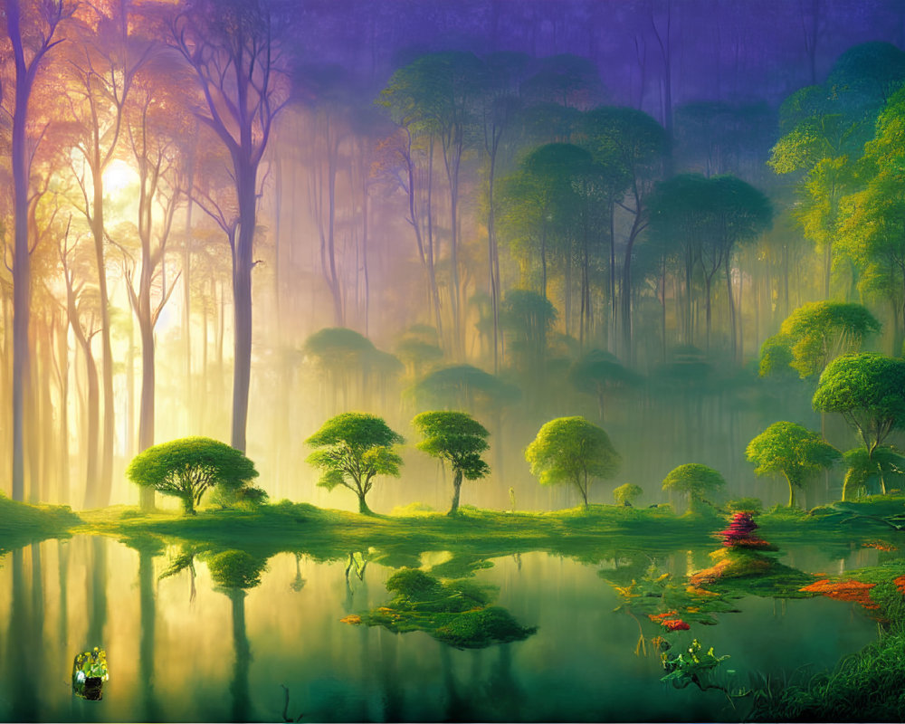 Tranquil forest scene with misty ambiance and serene pond landscape