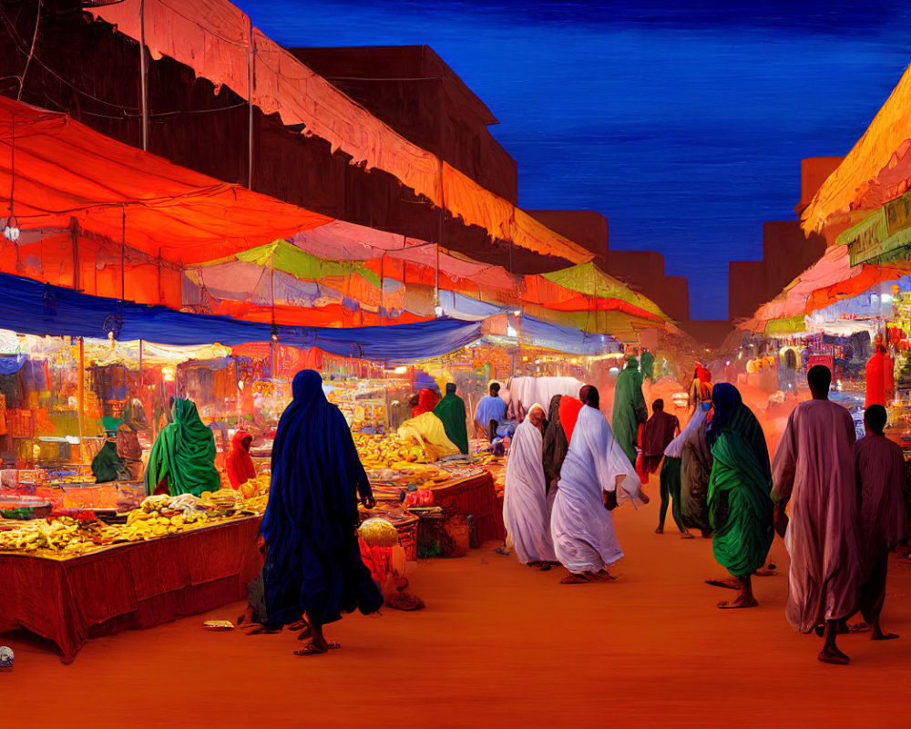 Colorful Market Scene with Browsing Shoppers and Blue Sky