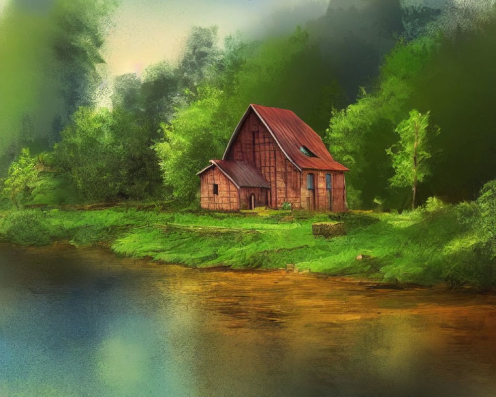 Quaint wooden house with red roof near serene river