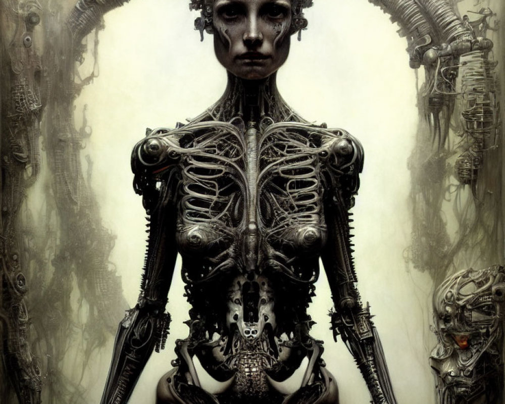 Surreal humanoid figure with intricate mechanical and organic fusion