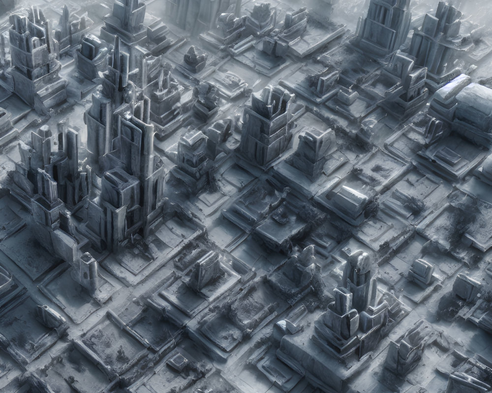 Monochromatic blue-tinted futuristic cityscape with dense high-rise buildings