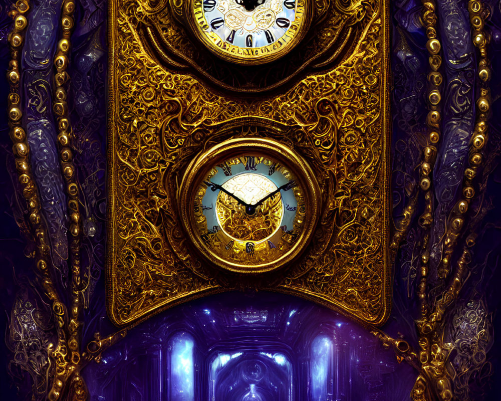 Golden Clock with Roman Numerals in Surreal Purple Corridor