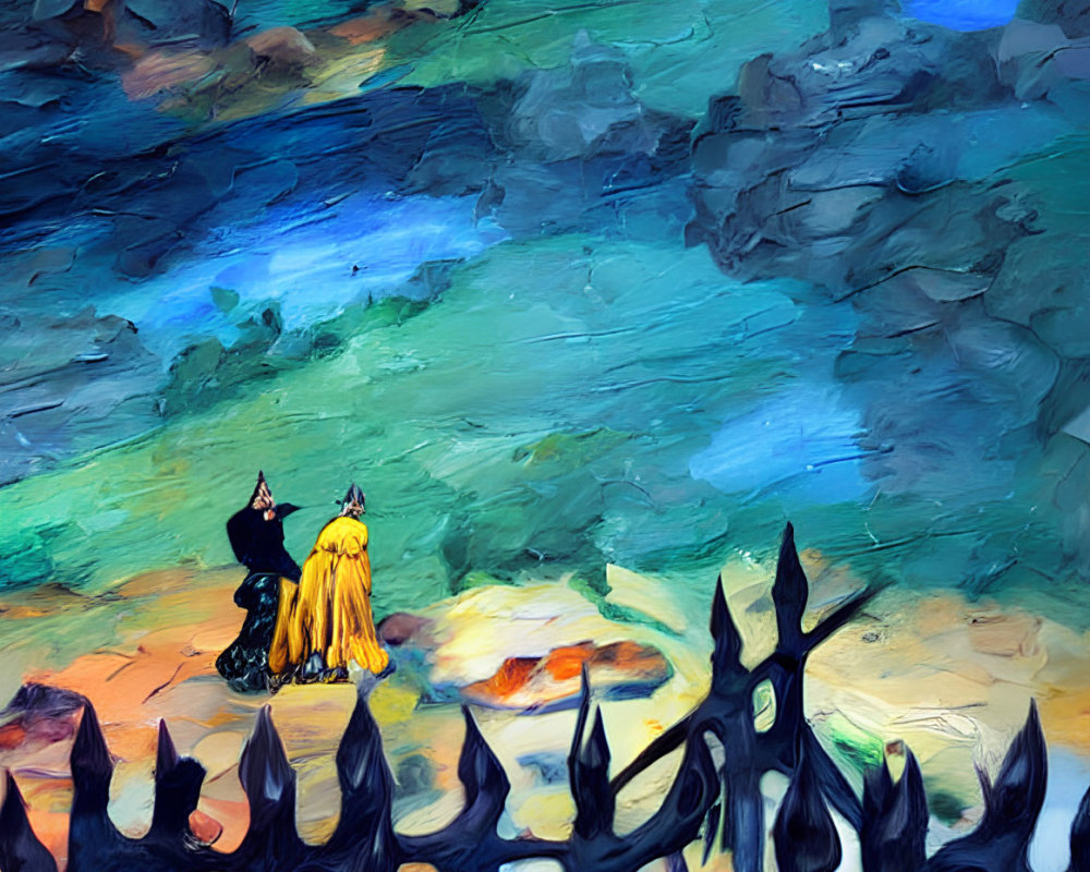 Vibrant painting of two figures on cliff at sunset