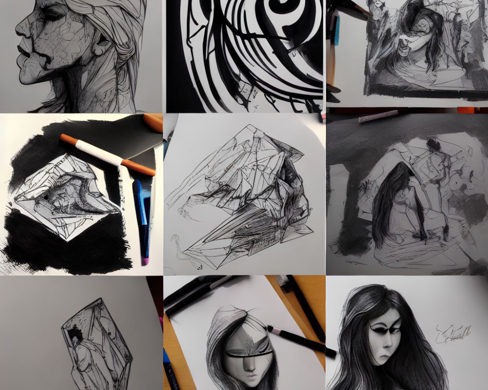 Nine Black and White Sketches of Abstract Patterns, Figures, Faces, and Geometric Shapes